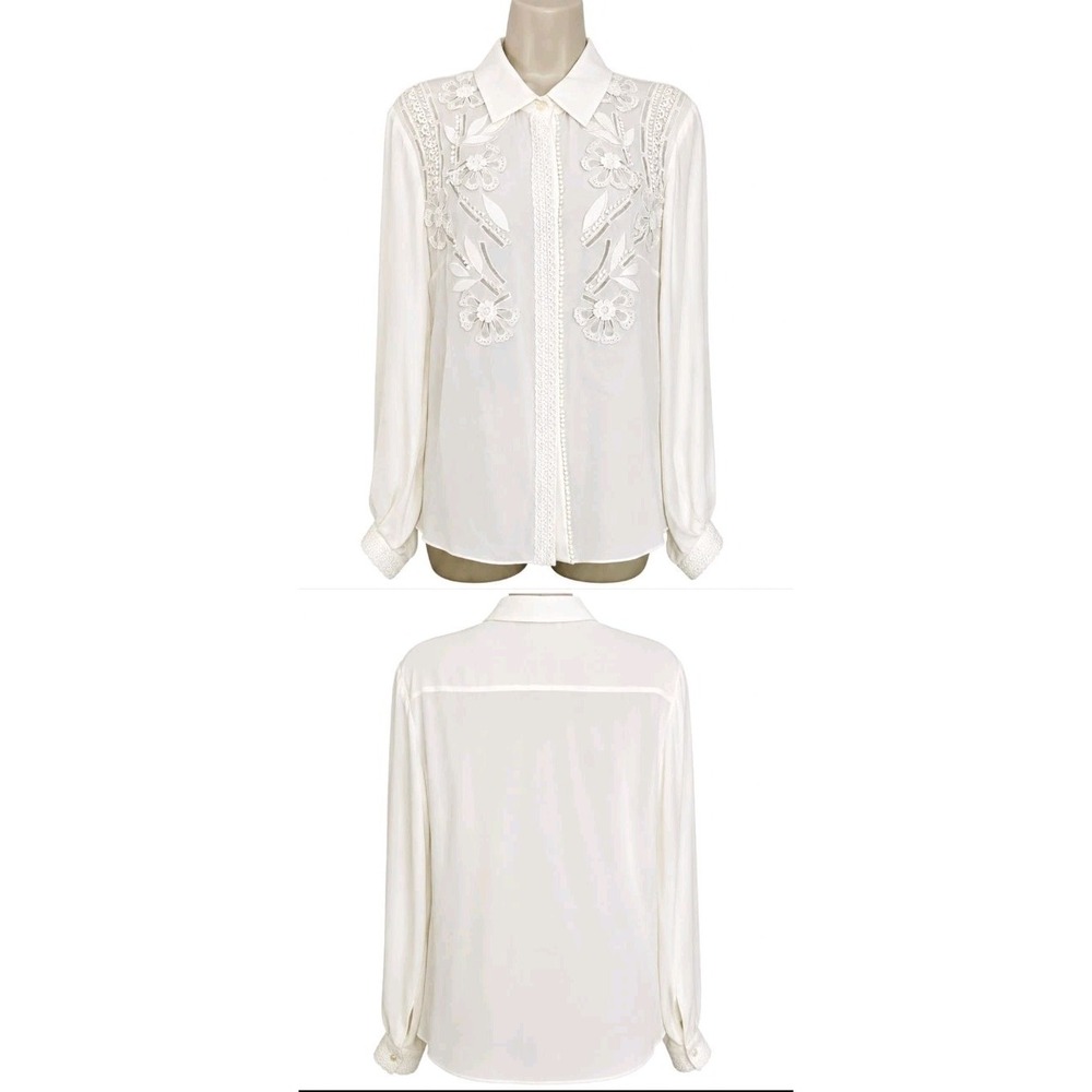 Carolina Herrera White Silk Button Down Balloon Sleeve Embroided Blouse Size 12